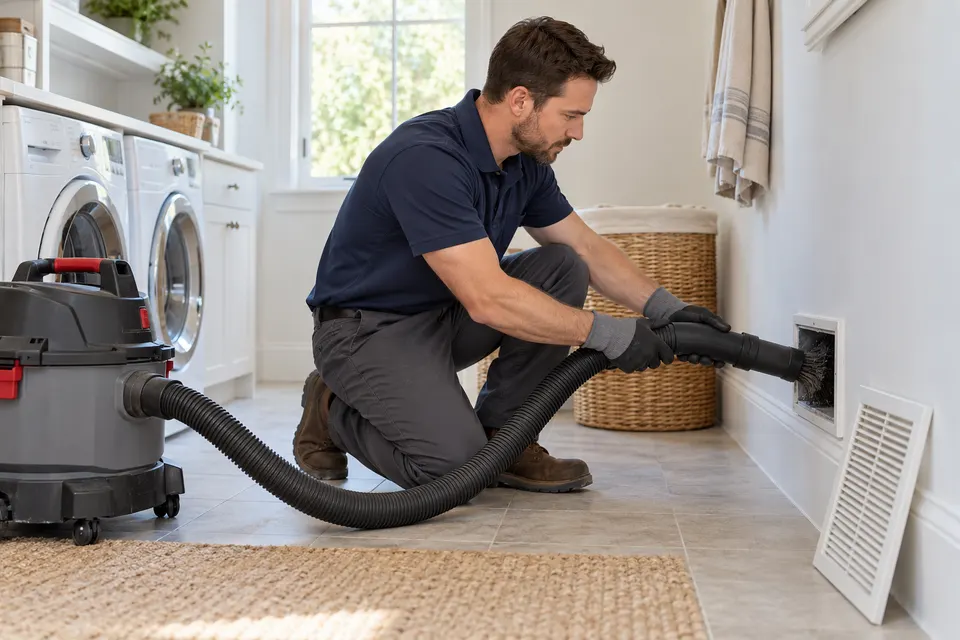 An air duct cleaning technician in gloves using a vacuum hose at a wall vent in a bright tidy laundry room