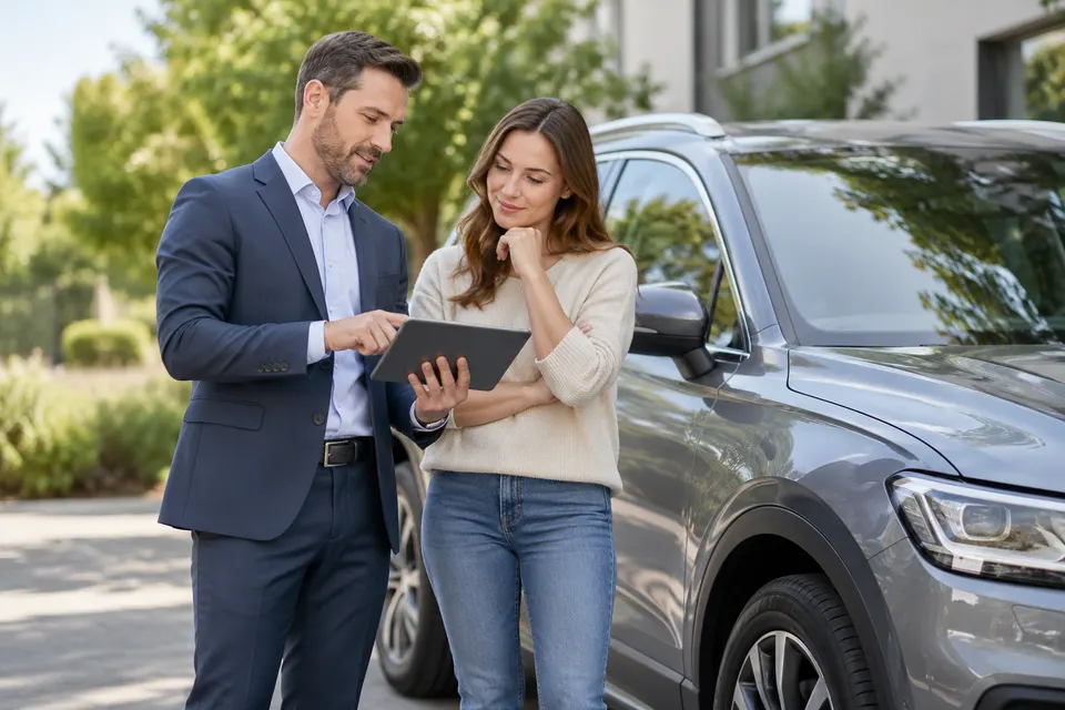 An auto insurance advisor using a tablet while speaking with a customer beside a parked modern car in daylight