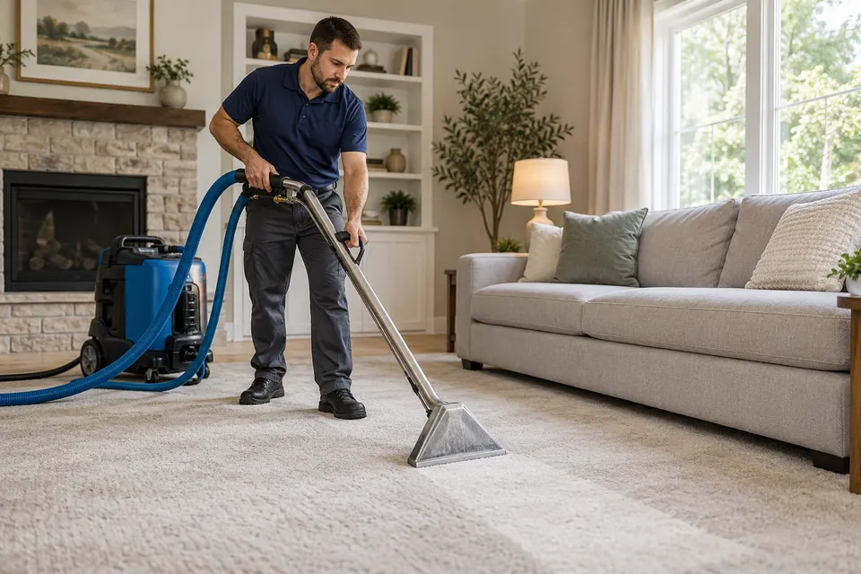 A carpet cleaning professional operating an extraction wand over a living room carpet beside a sofa