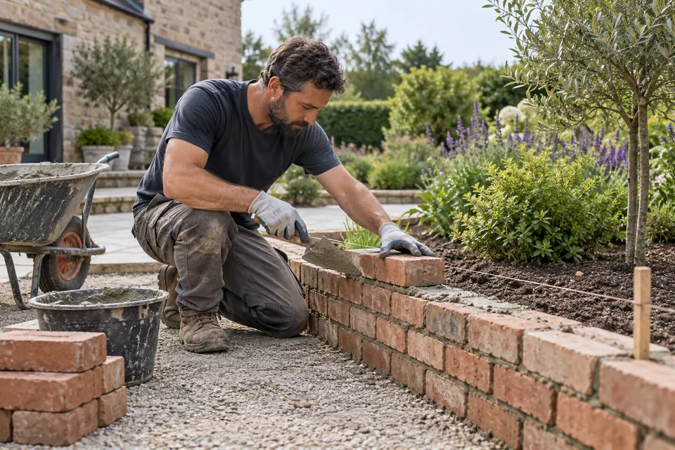 A mason wearing gloves using a trowel to lay a precise row of bricks for a low garden wall