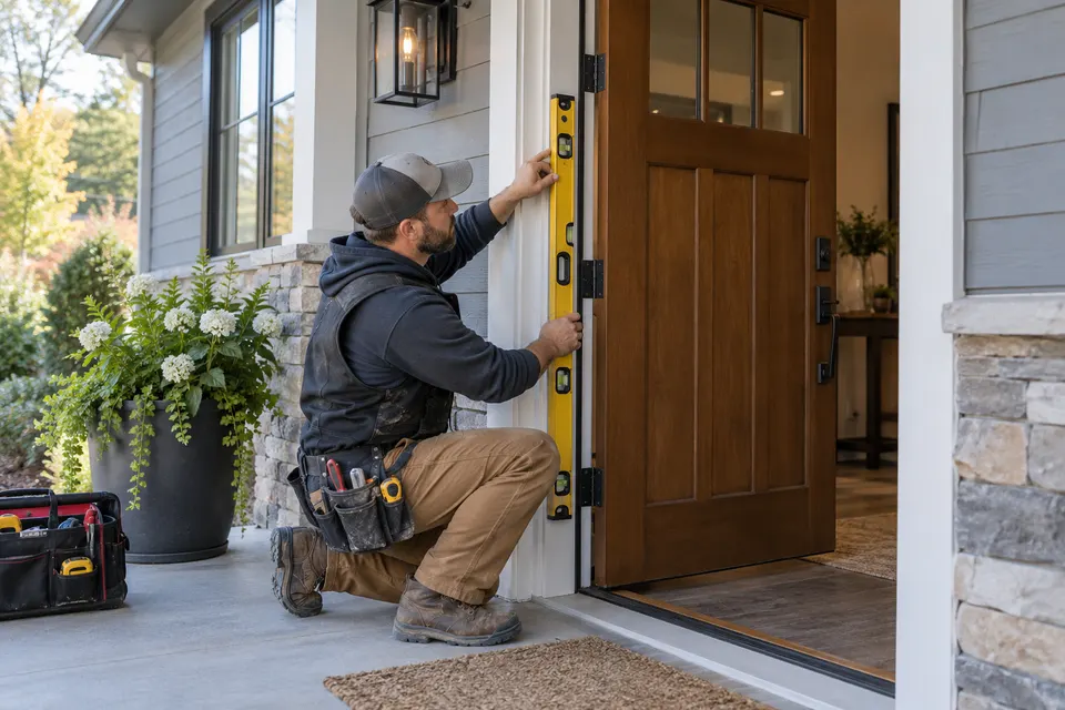 A door installer checking the hinges and alignment of a new front entry door with a spirit level