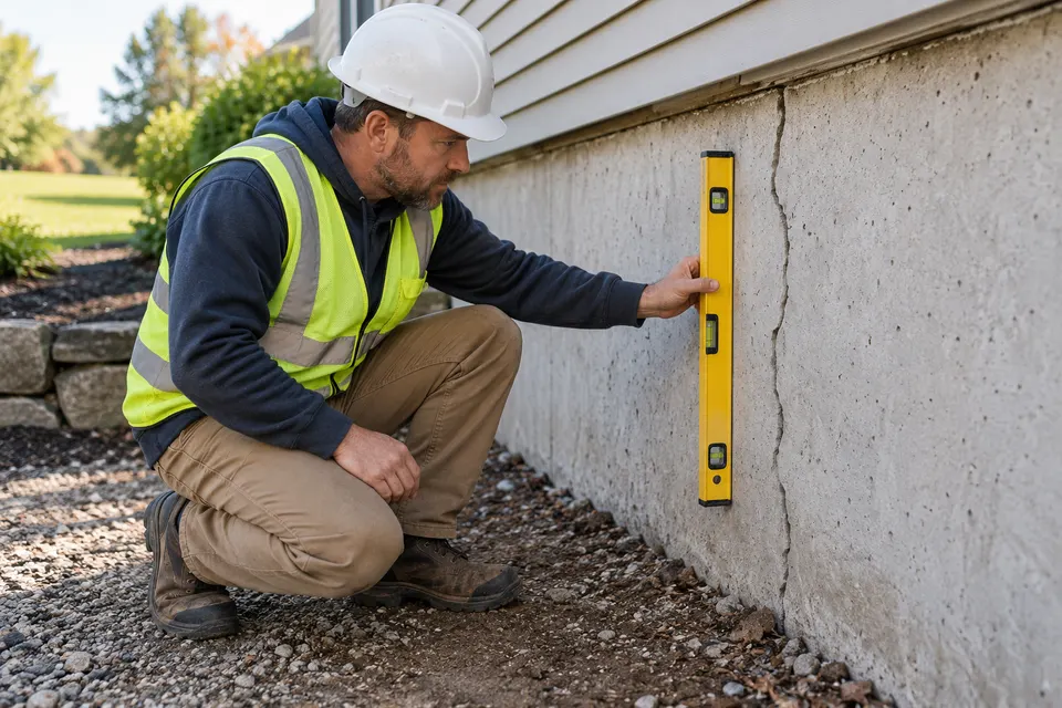 A foundation repair specialist in hard hat using a level to inspect a visible crack in a residential concrete foundation wall