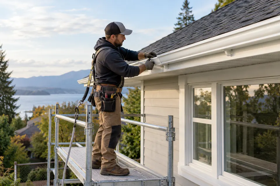 A gutter installer safely working from a secured scaffold installing a white aluminum gutter along a house eave