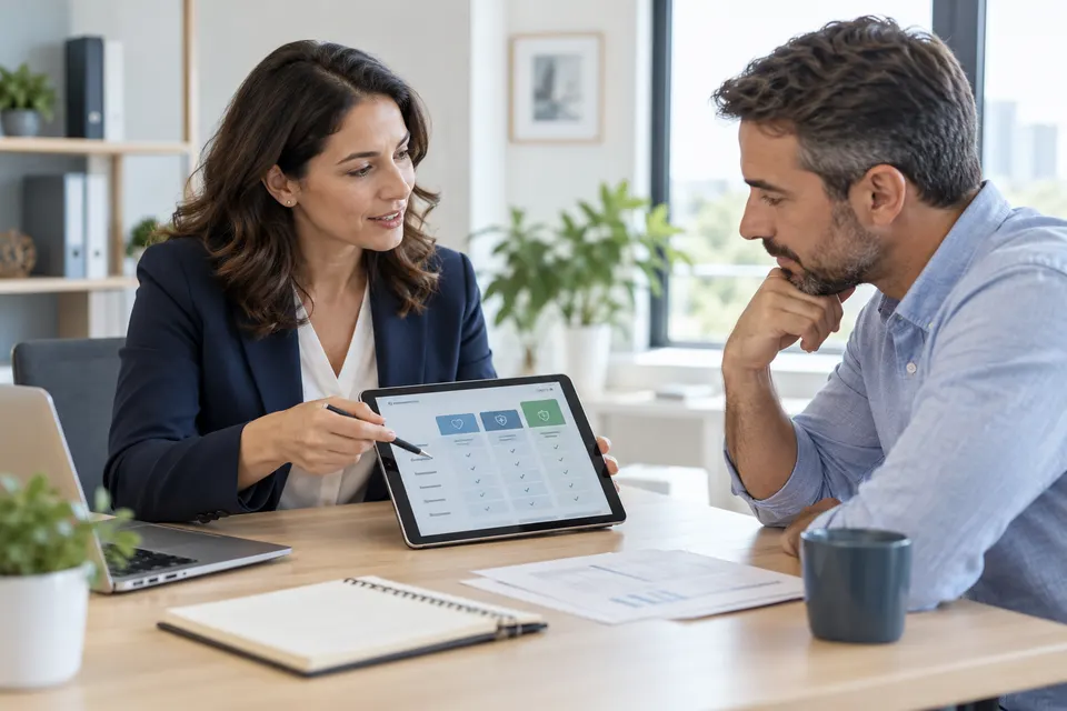 A health insurance advisor discussing a plan comparison on a tablet with an adult client in a bright professional office, not a medical examination