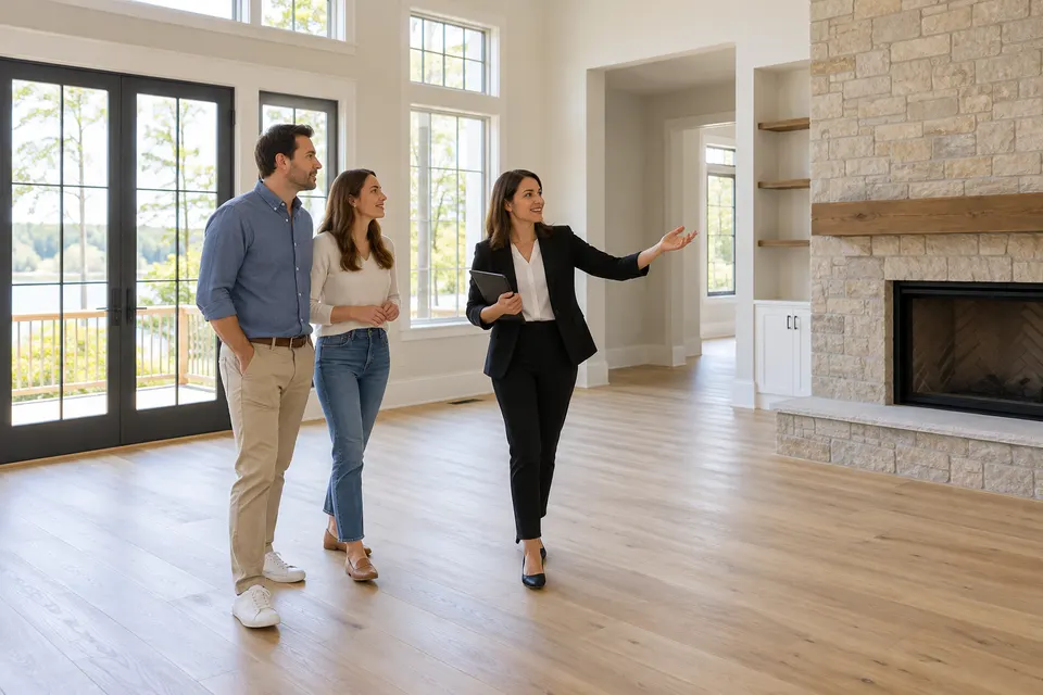 A real estate agent showing a couple a bright empty living room in a house for purchase