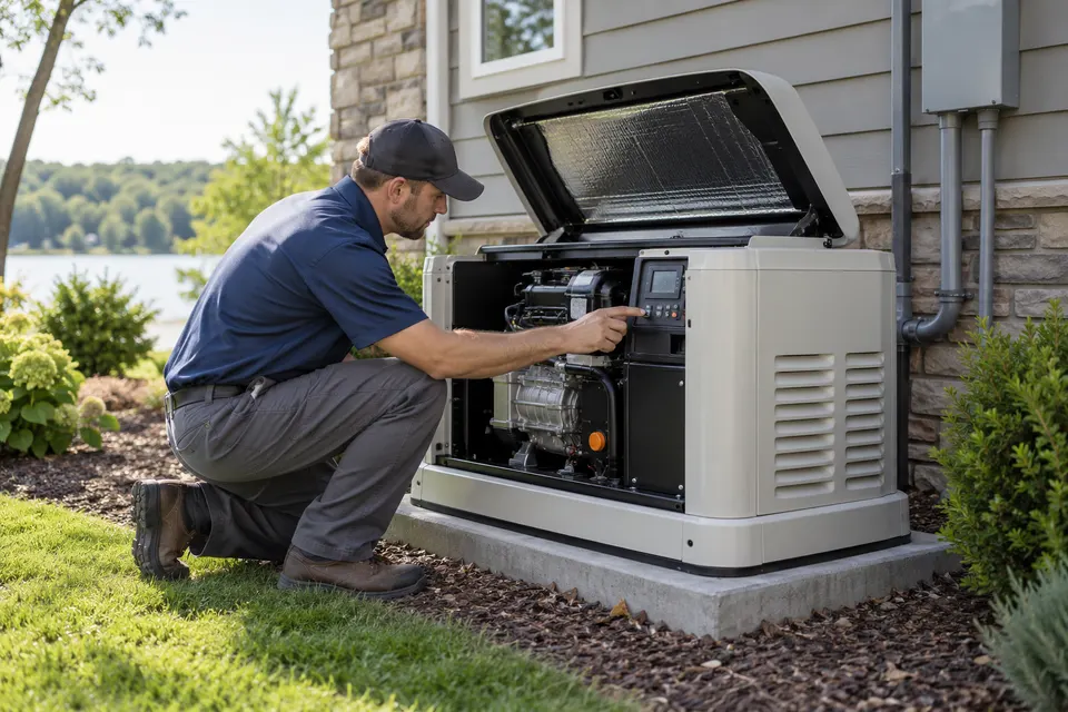 A generator technician checking the control panel of a residential outdoor standby generator beside a house