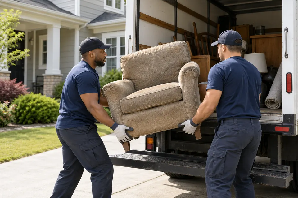 Two junk removal professionals wearing work gloves loading an old chair into a clean hauling truck beside a suburban home
