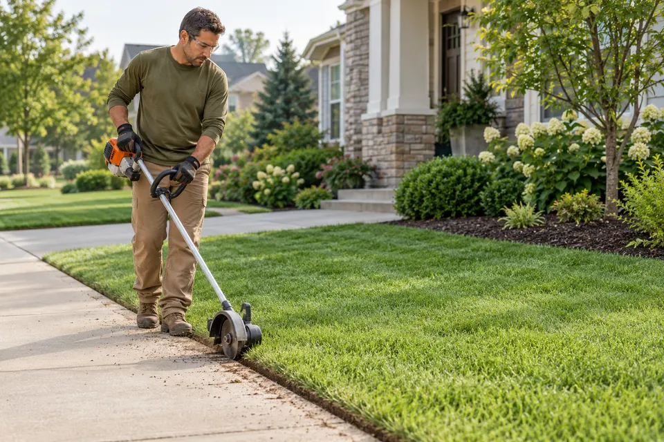 A landscape professional trimming the edge of a lush suburban lawn using an edging tool, clear safety eyewear