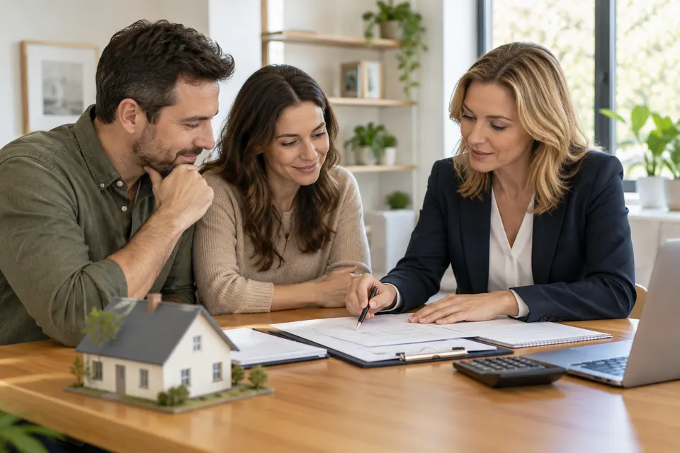 A mortgage advisor reviewing home financing paperwork with a couple at a bright desk with a small house model