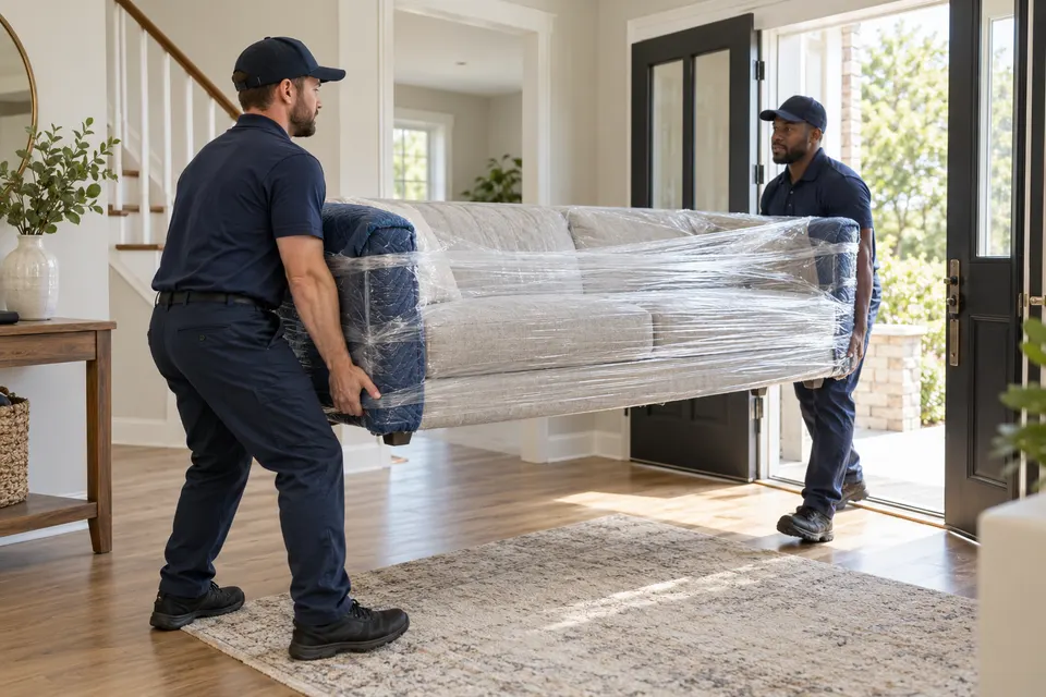Two professional movers carrying a securely wrapped sofa through a bright house doorway, safe lifting posture