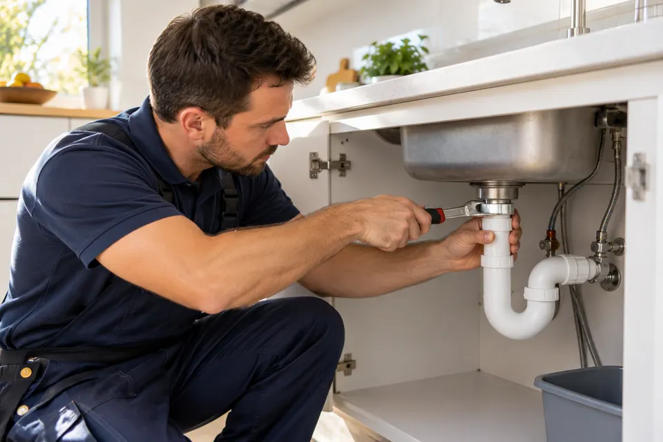 Professional plumber tightening a drain connection beneath a kitchen sink