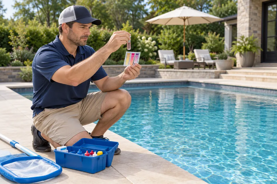 A pool maintenance technician testing swimming pool water with a clear test kit beside a clean backyard pool
