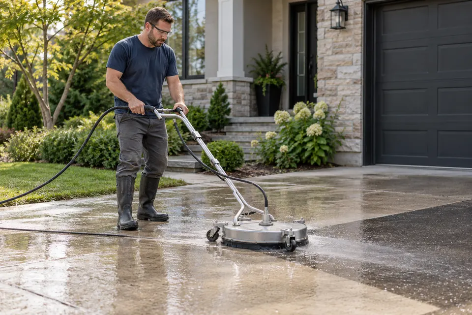 A pressure washing professional wearing boots and eye protection cleaning a residential driveway with a surface cleaner