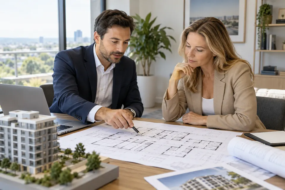 A real estate investment advisor reviewing a building floor plan with an adult property investor in a bright office