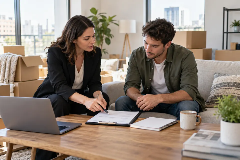 An insurance advisor discussing coverage paperwork with a young adult renter seated in a bright apartment, moving boxes nearby