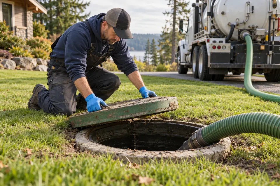 A septic service technician in gloves inspecting a residential septic tank access lid next to a service truck and coiled pump hose