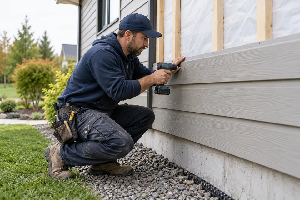 A siding installer in navy workwear carefully fastening new exterior cladding at ground level on a house