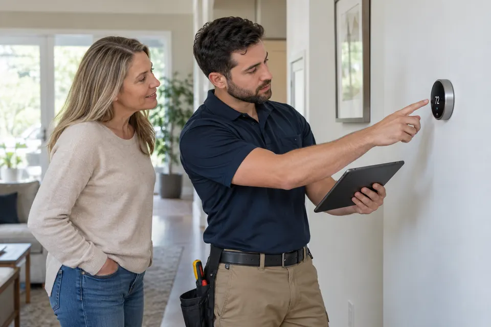 A smart home technician helping a homeowner configure a wall mounted smart thermostat using a tablet
