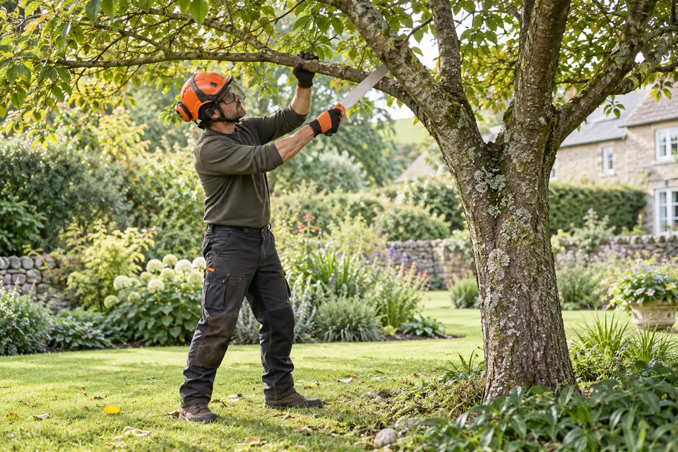 An arborist wearing helmet eye protection and gloves examining a mature garden tree and pruning a low branch with a hand saw from the ground