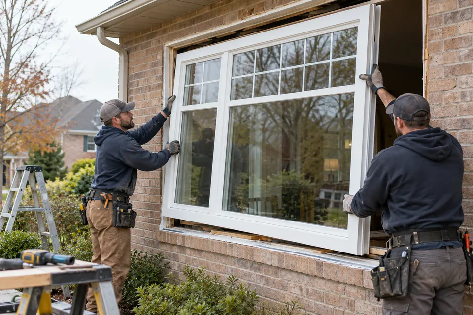 Two professional window installers fitting a large replacement double glazed window into a suburban home's opening